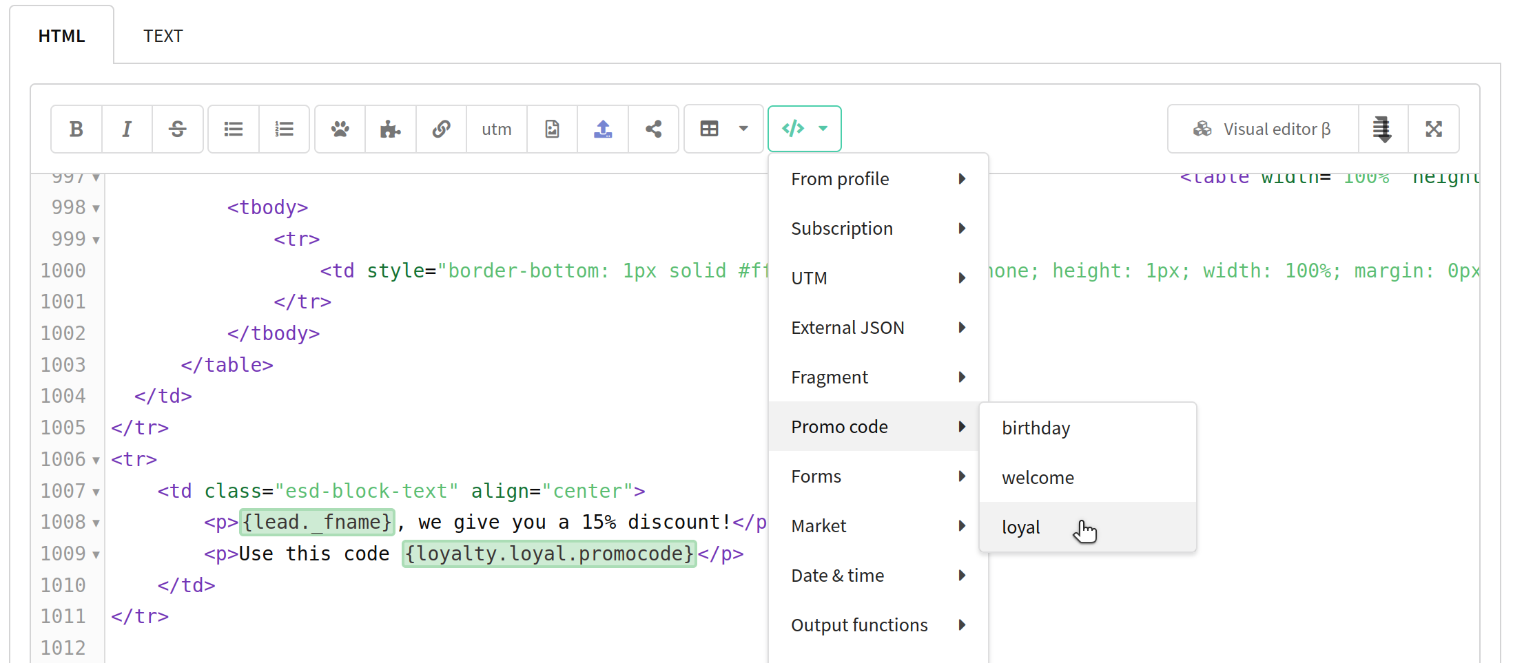 Promo code short name in the template