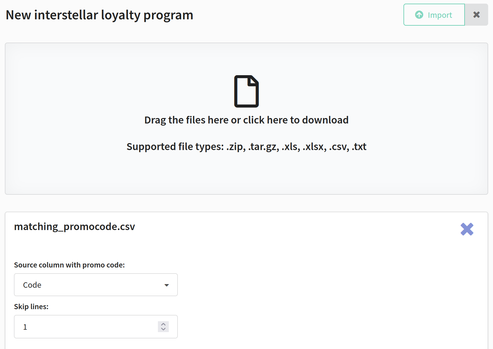 Importing promo codes form a file