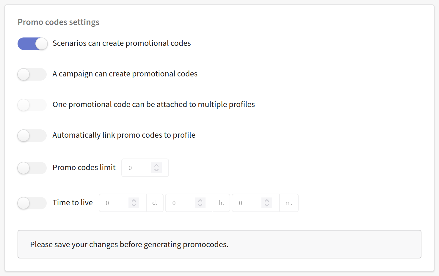 Promo code settings